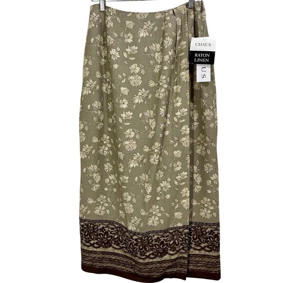 Vintage 90s CHAUS Faux-Wrap Fall Floral Midi Skirt Size 10 Green Brown Boho - Picture 1 of 9